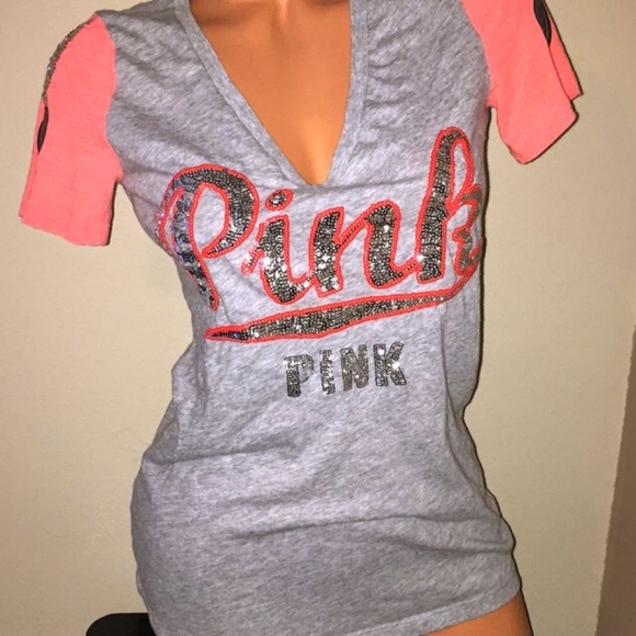 PINK Victoria's Secret Bling Sequin Heather Gray Orange Perfect Tee NWT Large - Picture 2 of 9
